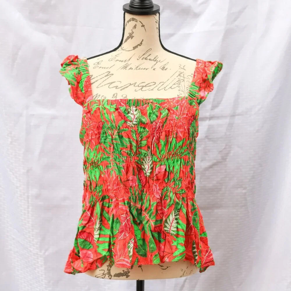 Rose & Olive Size L Hawaiian Floral ruffle tiered crop shirt/blouse